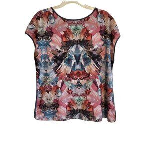 Ted Baker Artsy Abstract Multicolor Short Sleeve Lyocell Blouse Size 4